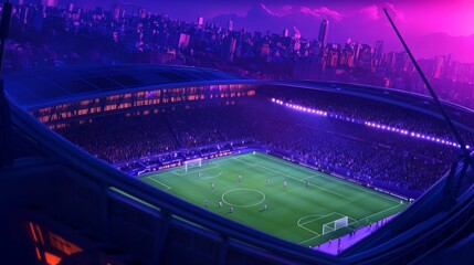 Obraz premium A vibrant stadium scene at dusk, showcasing a soccer match amid a city skyline.
