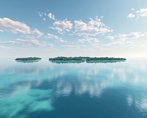 An island chain in the middle of a calm sea, with emerald waters and scattered clouds