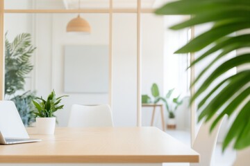 Fototapeta premium Minimalist Office Design Scandinavian-Style Tech Workspace with Wooden Desks and Greenery - Enhancing Productivity and Creativity for Modern Startup Environments
