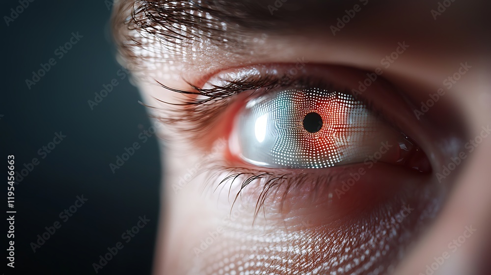 Aufkleber cyberpunk inspired digital art showcasing a biometric eye scanner being overridden by glitching disr