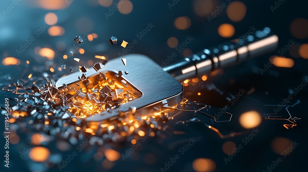 Poster cybersecurity concept with shattering digital crystals and glowing shards abstract broken glass text