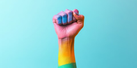 Fototapeta premium A symbolic rainbow-colored fist representing LGBTQ+ pride, equality, and the fight for human rights.