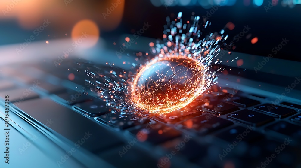 Poster cybersecurity hologram shattering into breach fragment abstract digital disruption concept with futu