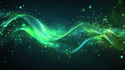 Dynamic abstract green waves with glittering particles digital art modern aesthetic energetic atmosphere close-up view