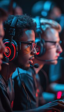 Intense Team Strategy Session Among Gamers Wearing Cutting-Edge Headsets in Studio Environment