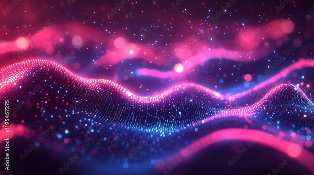 Poster dynamic digital waves abstract visualization motion graphics vibrant colors close-up view energy flo