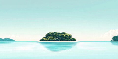 A picturesque island emerges from tranquil turquoise waters, embraced by lush green trees, with a clear blue sky overhead, evoking a peaceful atmosphere