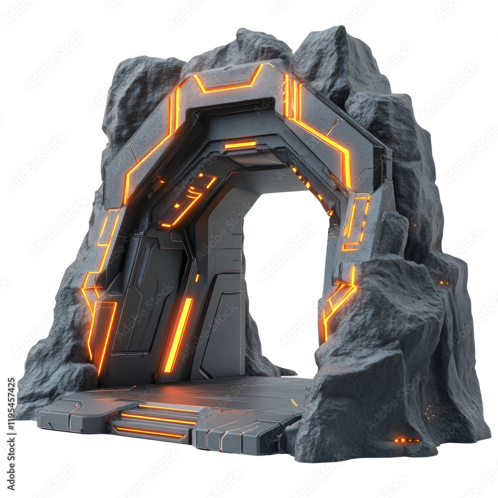 Poster a 3d render depicts a futuristic portal built into a rocky cliff face, glowing with orange lights.