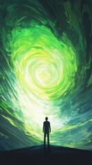 Fototapeta premium A lone figure observes a swirling green cosmic vortex