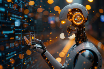 A robot arm holds a glowing chip while analyzing data on futuristic screens nearby