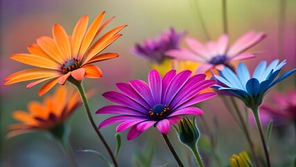 Fototapeta premium Vibrant colorful flowers in close up. A close-up view of several vibrant gazania flowers in shades of orange, purple. 