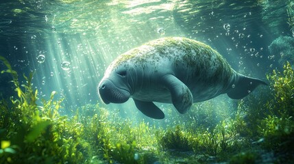 A peaceful underwater scene of a manatee grazing on seagrass, surrounded by gentle bubbles and sunlight filtering through the water 