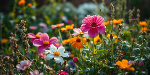 Obraz premium A colorful garden of flowers with a variety of colors including pink, purple, yellow, and white