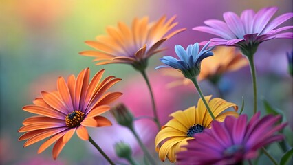 Fototapeta premium Vibrant close up of colorful gazania flowers. A close-up shot showcasing a cluster of vibrant gazania flowers in a range of colors, including orange, purple, pink, and turquoise.