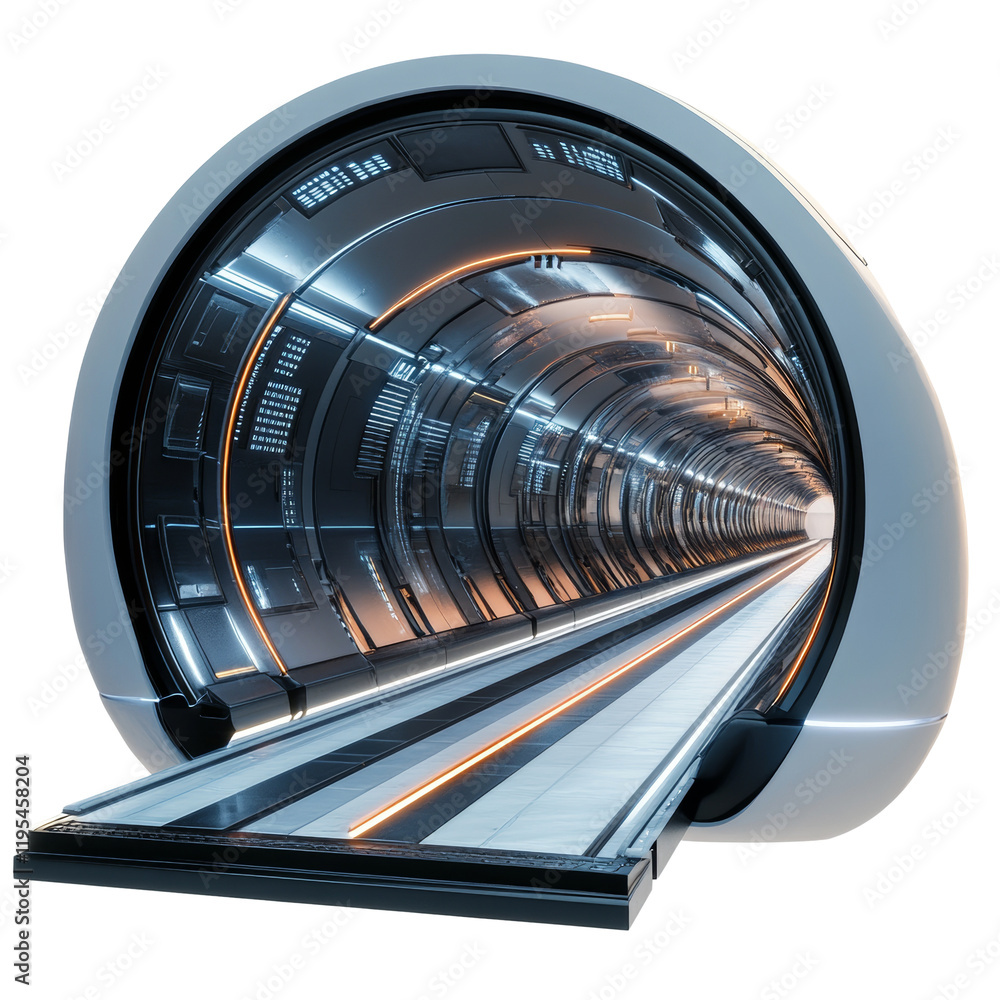 Poster a digital rendering showcases a futuristic spaceship corridor with a sleek illuminated walkway leadi