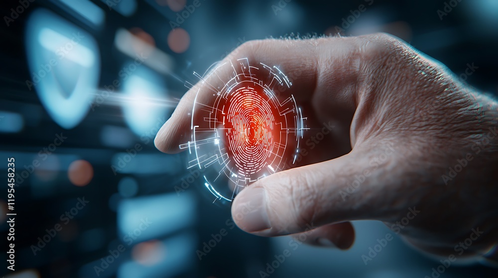 Poster digital fingerprint scanner being overridden by advanced intelligence technology highlighting the ev