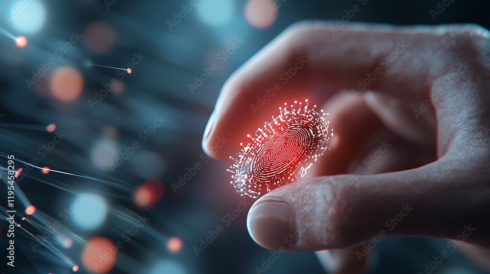 Poster digital fingerprint scanner glitching under cyber breach cybersecurity threat futuristic abstract im