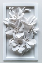 Paper flowers in a white frame on white background, studio shot. Possible for art
