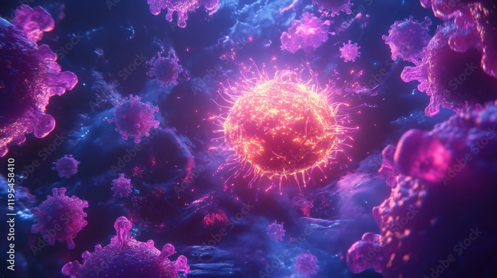 Aufkleber glowing cell surrounded by menacing viruses in a vibrant microscopic environment showcasing biologic
