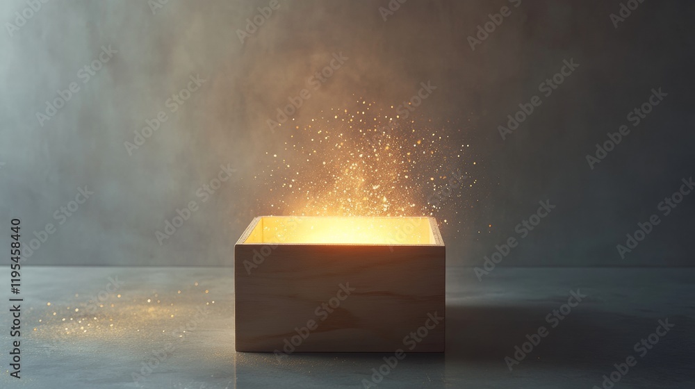 Poster Luminescent Wooden Box Display Ethereal Glow with Sparkling Particles on Concrete - Modern Commercial Art and Interactive Design for Innovative Visual Merchandising