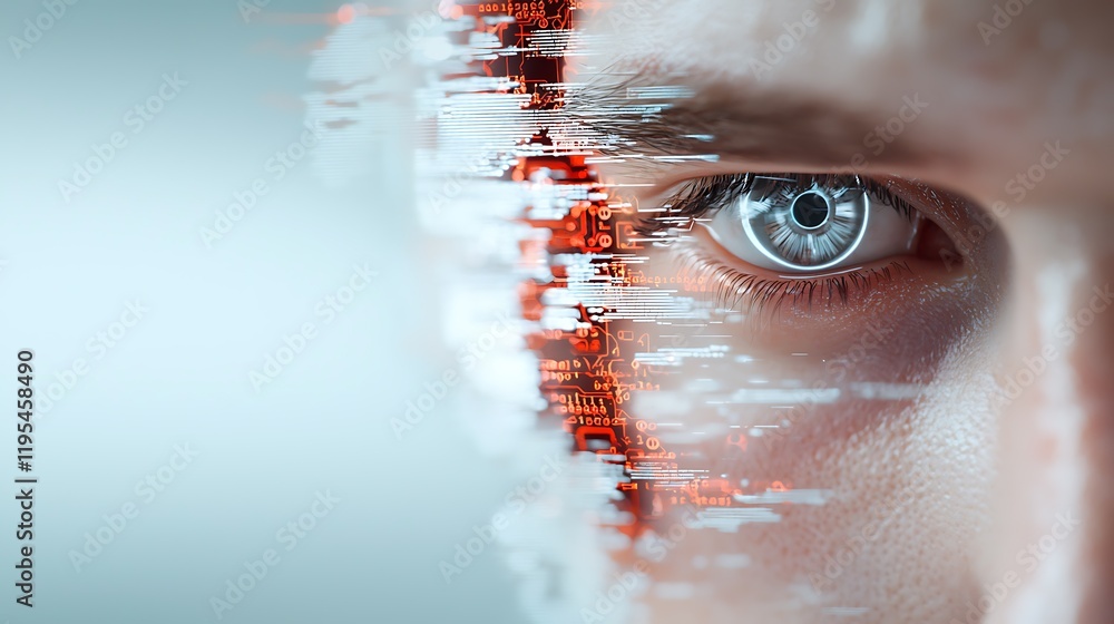 Poster digital glitch face with half transparent data breaching effect and futuristic cyberpunk inspired vi