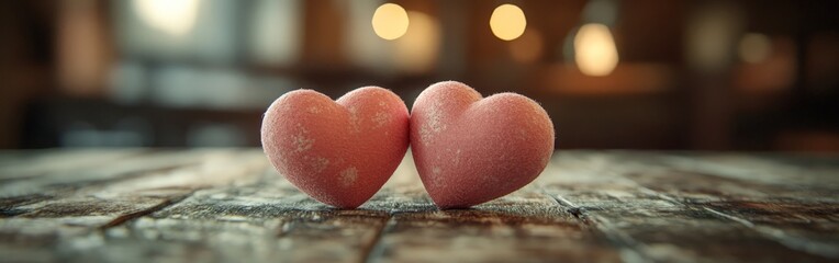 Obraz premium Two red wooden hearts on a rustic white background, symbolizing love and togetherness.