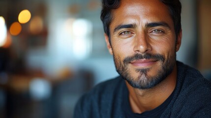 Obraz premium Close-up portrait of a smiling man with a beard in a cozy caf? setting, warm ambiance in background