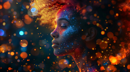 Vibrant Cosmic Dreamscape Portrait of a Young African Woman Surrounded by Ethereal Lights