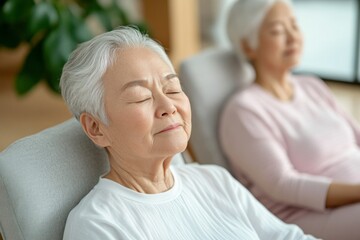 Obraz premium Serene Elderly Wellness Retreat Peaceful Seniors in Calming Lounge with Soft Textiles - Premium Health Content and Holistic Senior Living Marketing