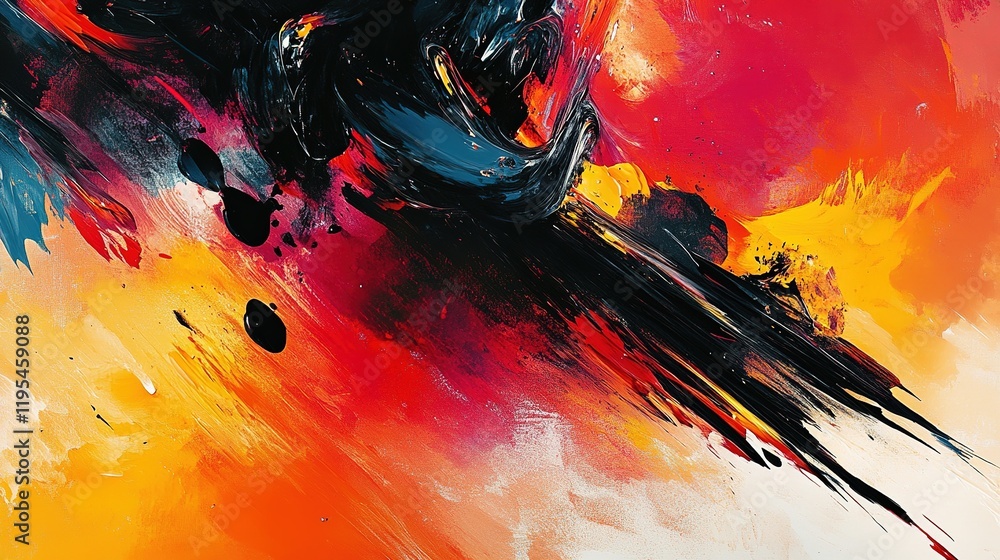 Poster dynamic action scene of a powerful figure abstract art vivid colors studio environment bold composit