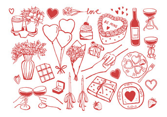 Valentines day romantic objects set. Hand drawn monochrome illustrations such as sweet food, drinks, gift, flowers, candle, balloons