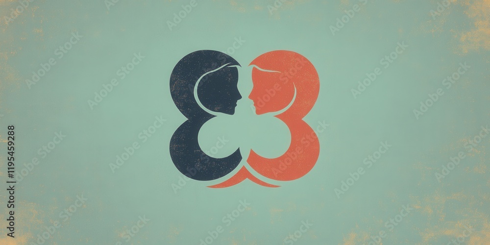 Poster two abstract figures face each other, one in dark color and the other in bright hue, symbolizing con