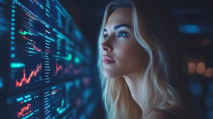 Woman analyzing data on a futuristic screen.