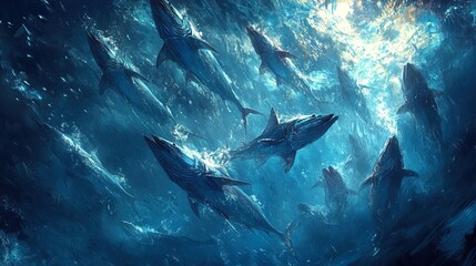 Fototapeta premium A dramatic underwater scene of a school of barracuda hunting, showcasing the raw power and beauty of marine life in action 