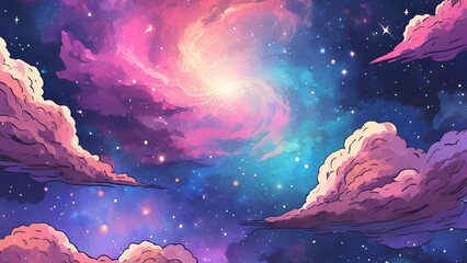  Colorful space galaxy cloud nebula anime style. Stary night cosmos. Universe science astronomy. Supernova background wallpaper lofi
