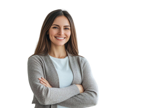 Portrait of 40 years old smiling woman looking at camera with crossed arms. Happy girl standing in creative office. Successful businesswoman standing in white background


