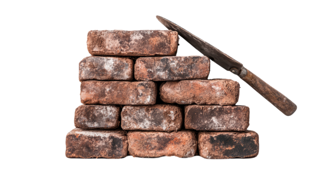 A pile of bricks with a rusty knife leaning on top of it