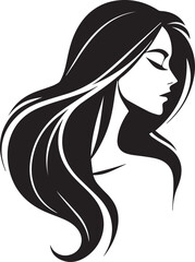 Woman profile, black and white, stylized, long dark hair, serene expression