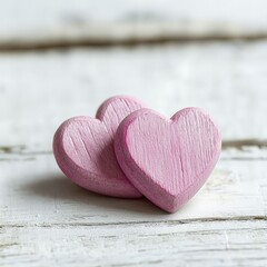 Fototapeta premium Two red wooden hearts on a rustic white background, symbolizing love and togetherness.