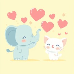 Cute elephant blowing hearts at kitten; pastel background; Valentine's card