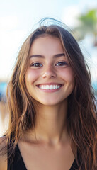 Fototapeta premium Confident Woman Flaunting Facial Implant Results with Enhanced Features in Social Setting