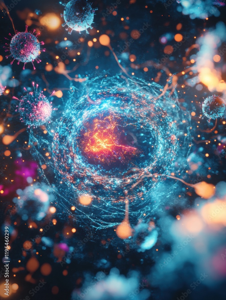 Poster magnified view of a human cell under attack by a virus showcasing intricate cellular processes and v