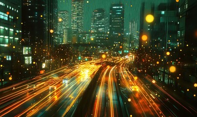 Obraz premium A dynamic city image with speed lines and glowing trails creating a network effect