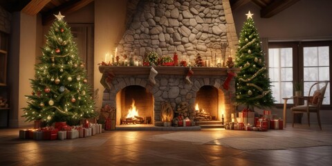 A beautifully decorated Christmas tree in front of a large stone fireplace, fireplace, stone
