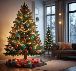A beautifully decorated Christmas tree with colorful ornaments and lights , holly, holiday