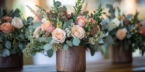 A stunning display of pastel roses and greenery arranged in wooden vases creates an inviting atmosphere at a stylish indoor event