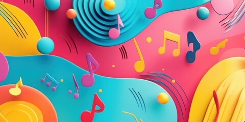 Obraz premium A vibrant abstract background combines colorful shapes with musical notes, creating an energetic atmosphere suitable for creative and artistic applications