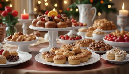 Fototapeta premium A beautifully decorated festive holiday dessert table, filled with an assortment of sweet treats and pastries, arranged artfully on a fine china plate, decorations, candies