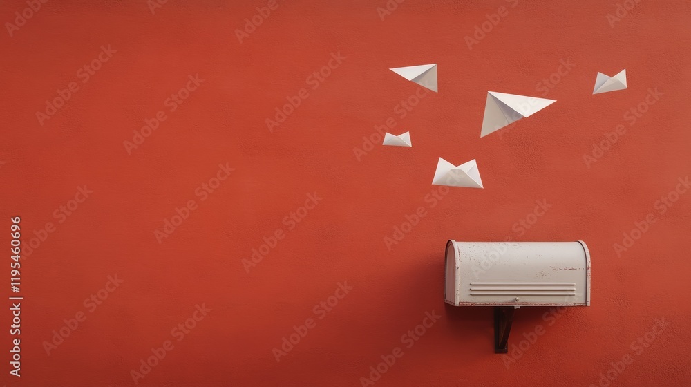 Poster minimalist communication concept with floating paper airplanes and vintage mailbox on warm red backg