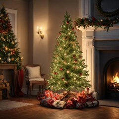 A beautifully lit Christmas tree is placed on a wooden pedestal in front of a fireplace, with ornaments and garlands surrounding it, decorative displays, seasonal arrangement, cozy home